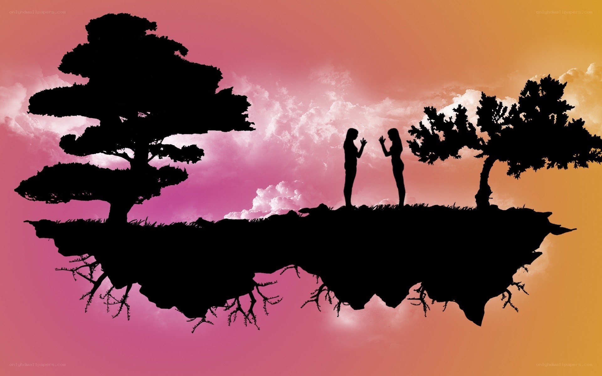 silhouettes on a floating island