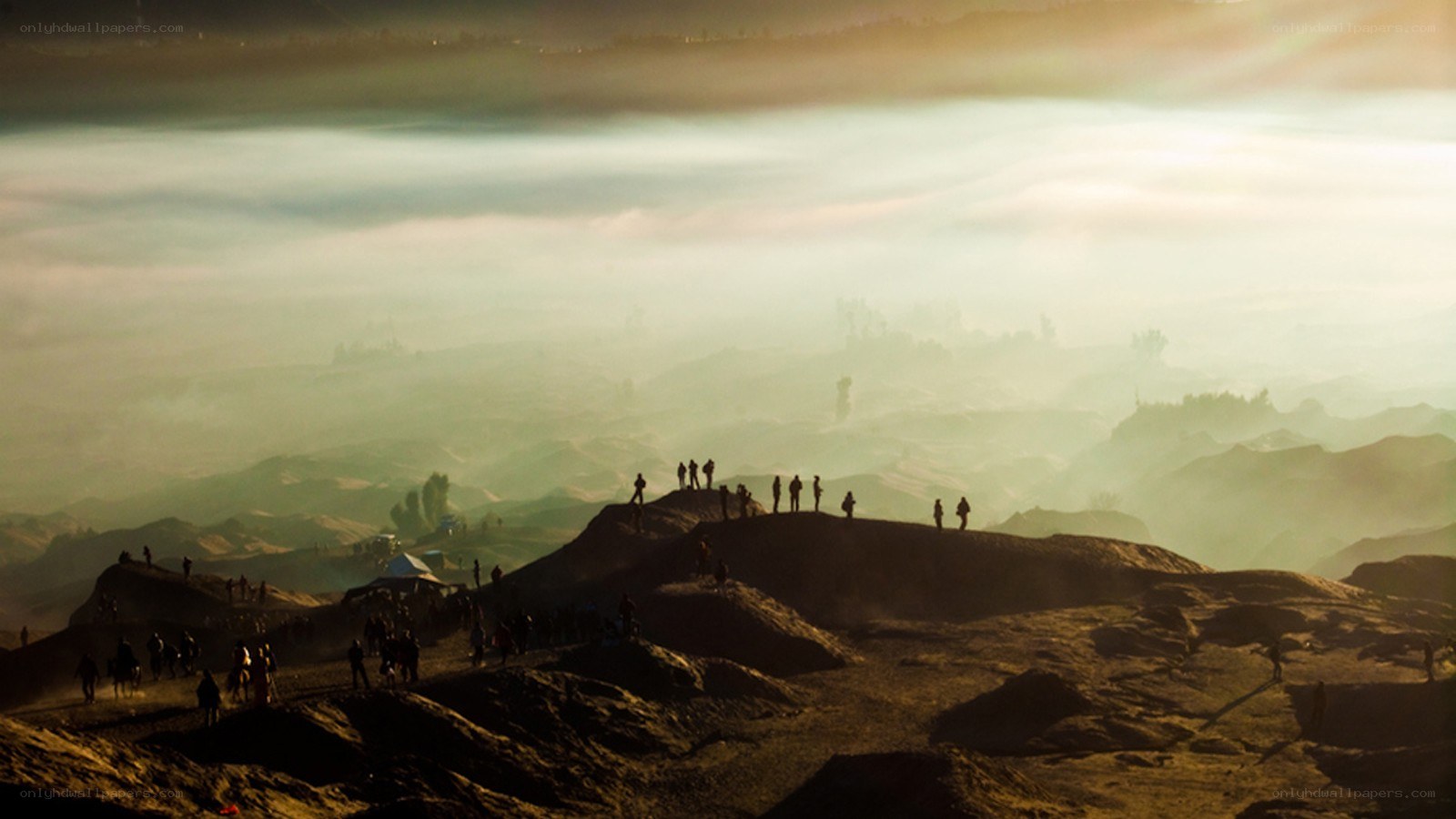 Silhouettes on a misty hilltop