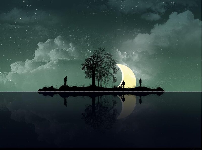 Silhouettes on a moonlit island
