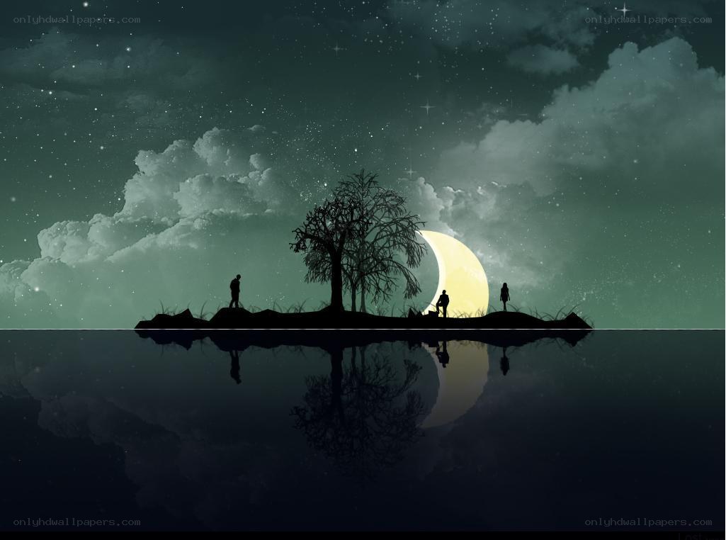 Silhouettes on a moonlit island