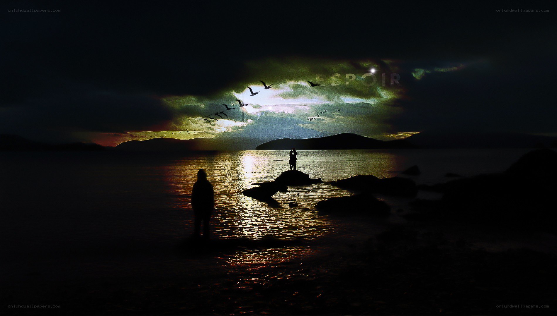 Silhouettes on a moonlit shore