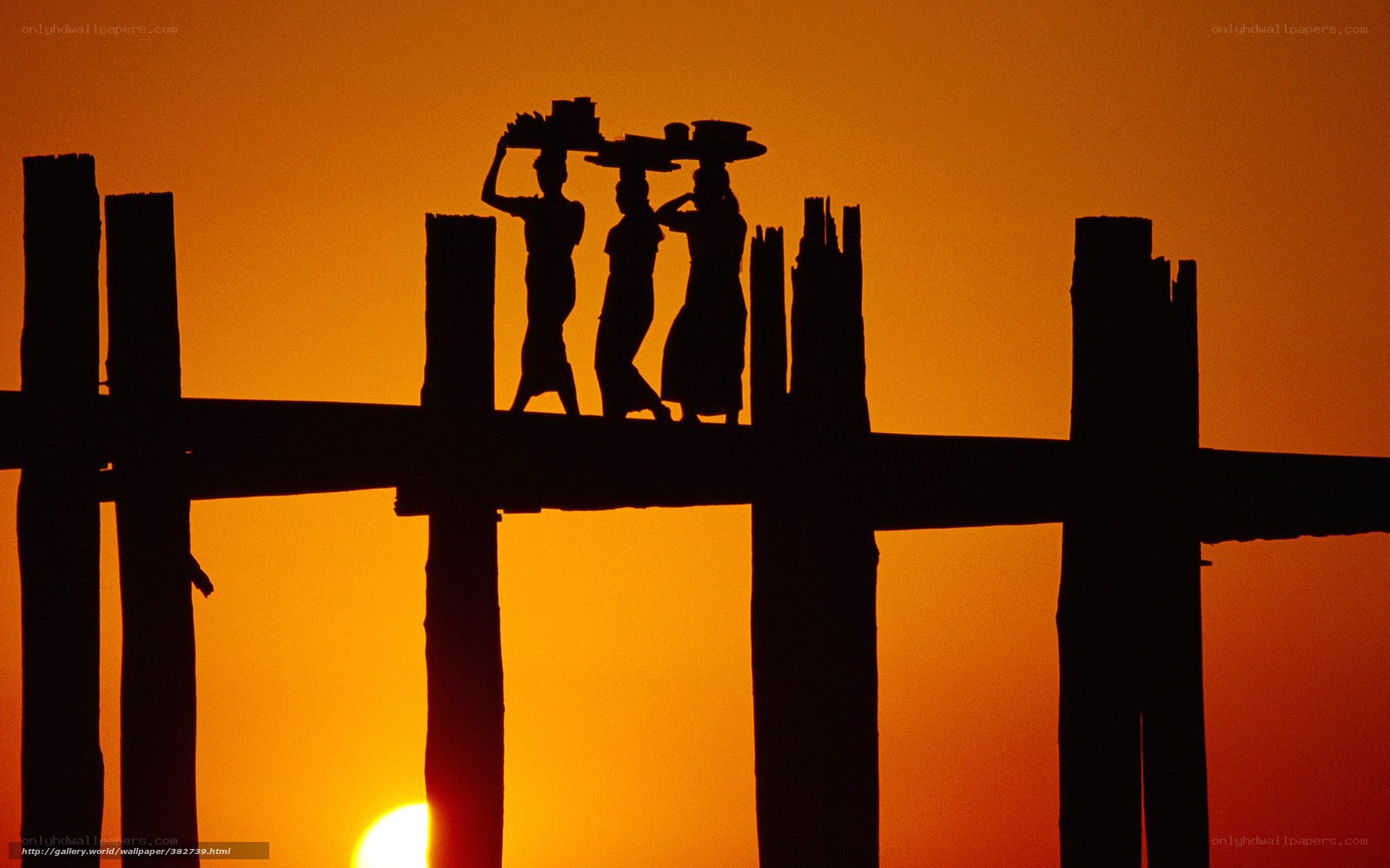 Silhouettes on a wooden bridge
