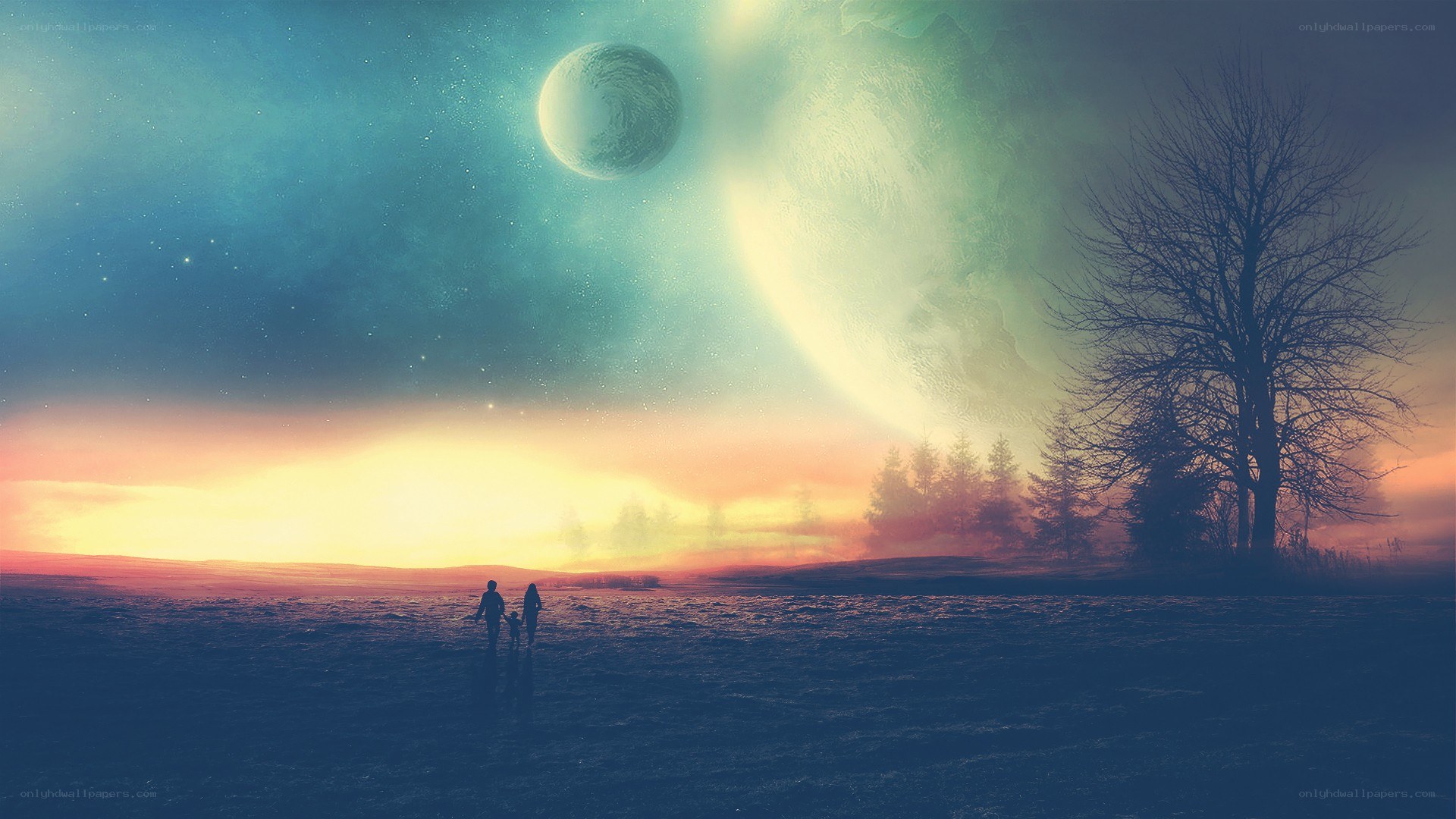 Silhouettes on alien planet