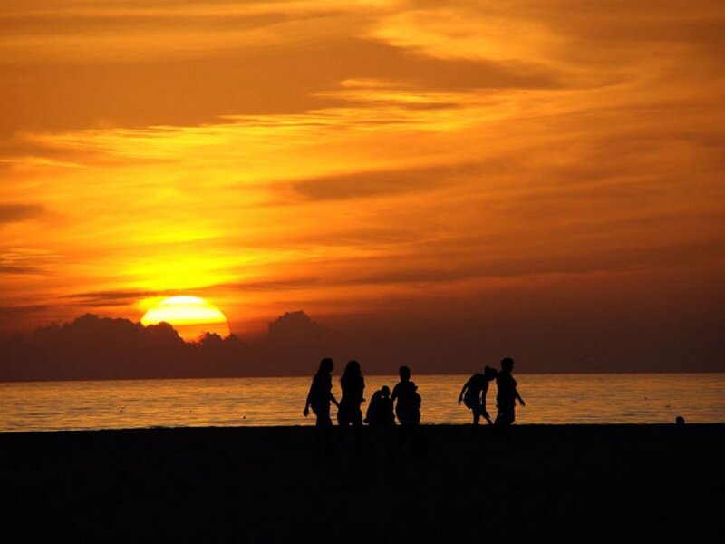 Silhouettes on Beach — Orange, Dramatic, Sunset, Photograph