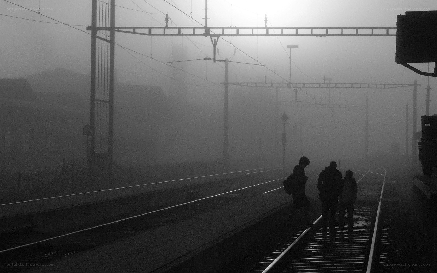 Silhouettes on foggy train tracks