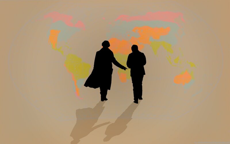 silhouettes on world map