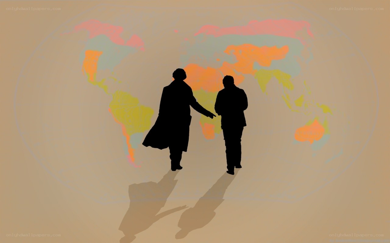 silhouettes on world map