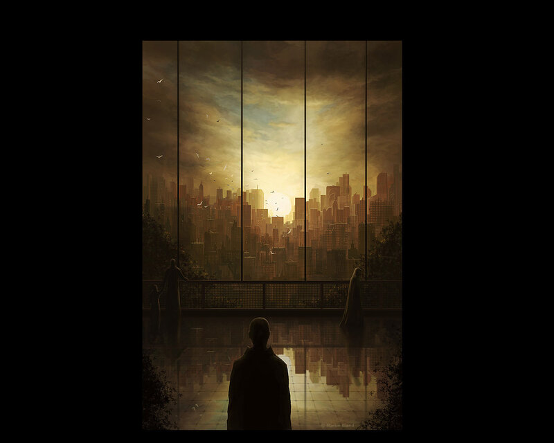 Silhouettes overlooking a city