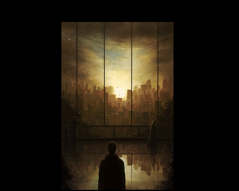 Silhouettes overlooking a city