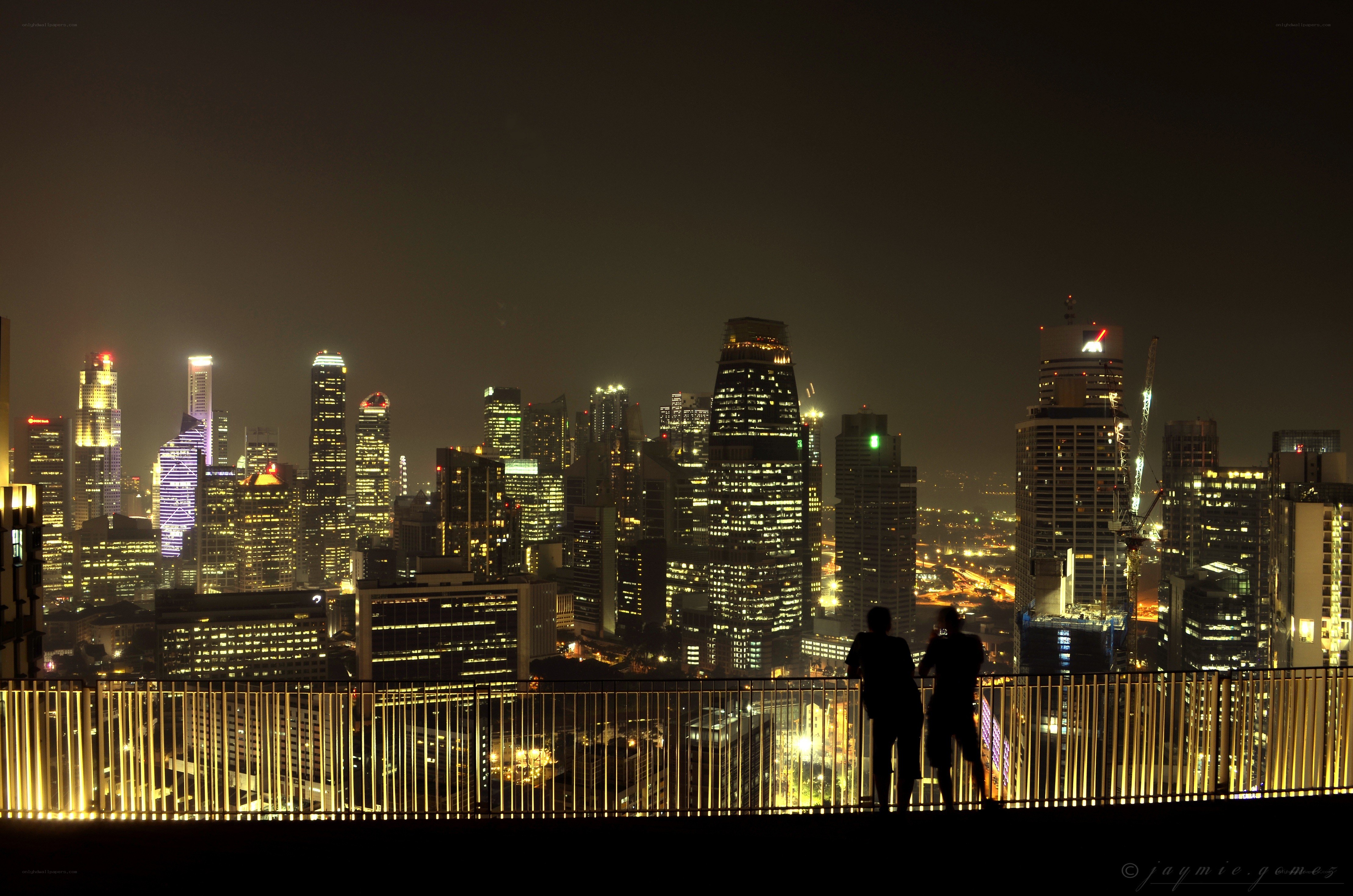 Silhouettes overlooking city skyline