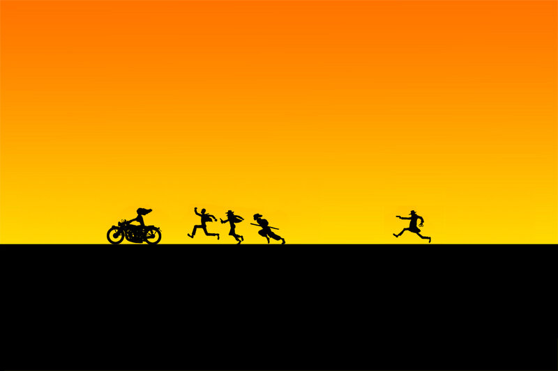 Silhouettes running at sunset