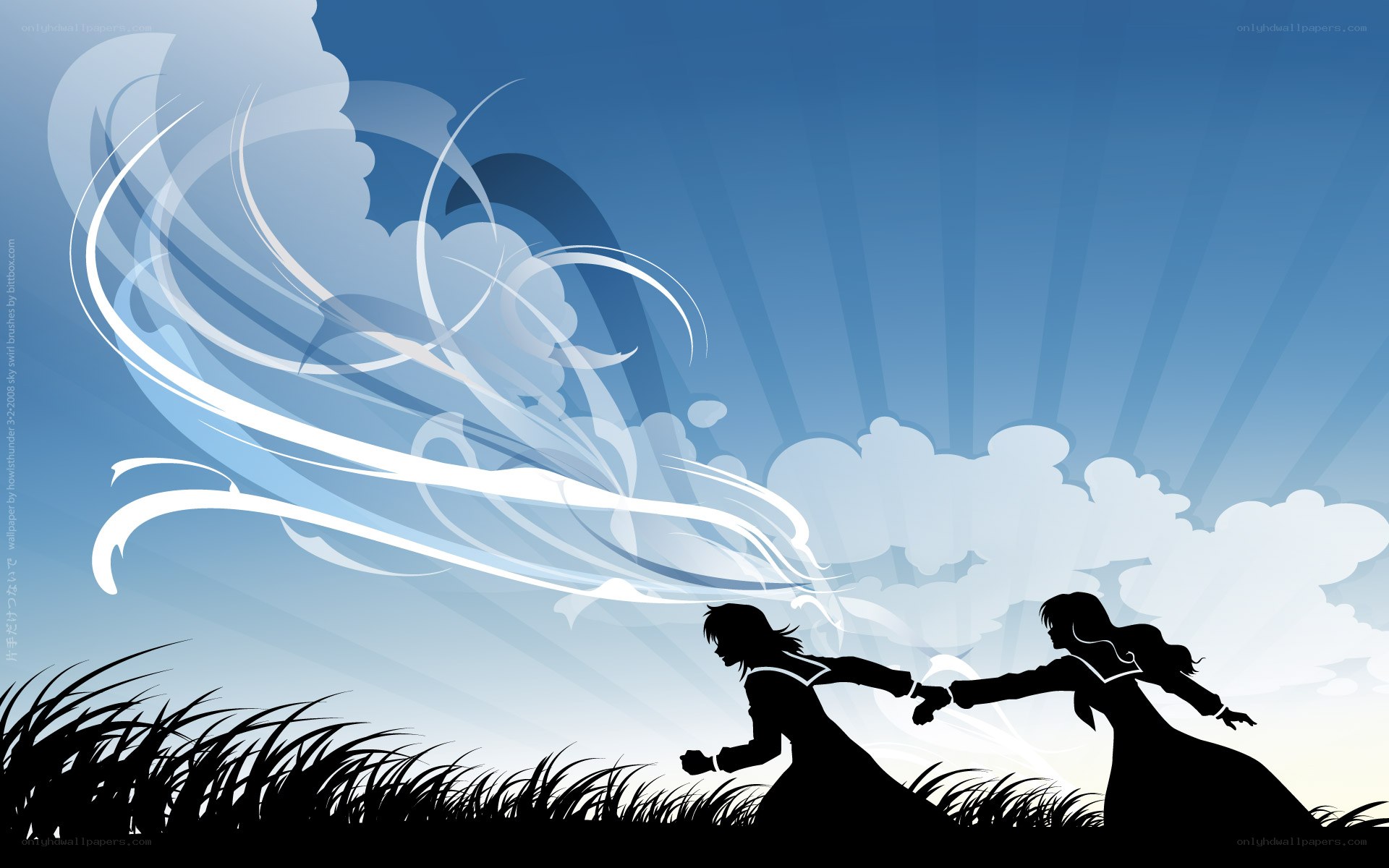 Silhouettes running in wind
