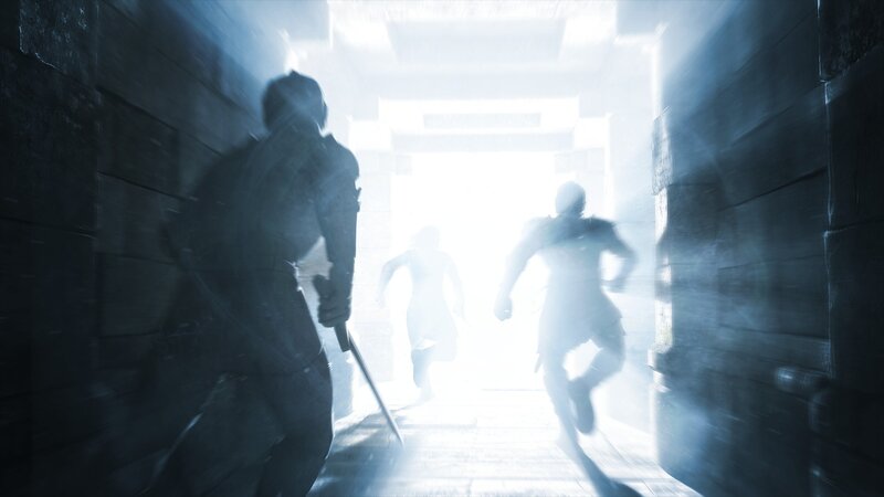Silhouettes running through a corridor