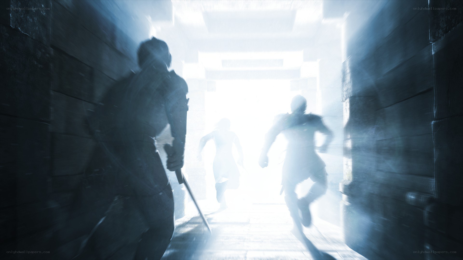 Silhouettes running through a corridor