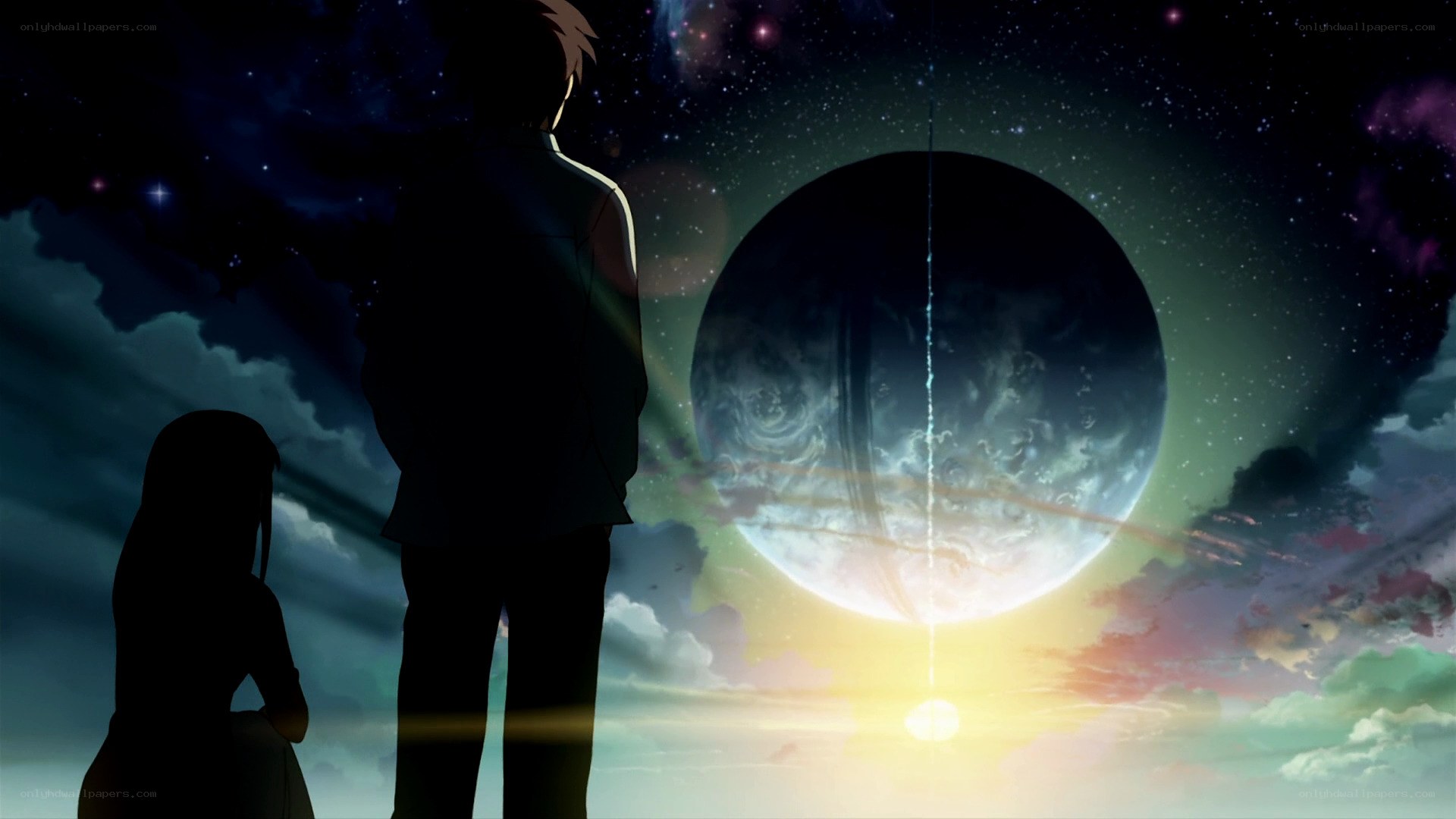 silhouettes under a cosmic sky