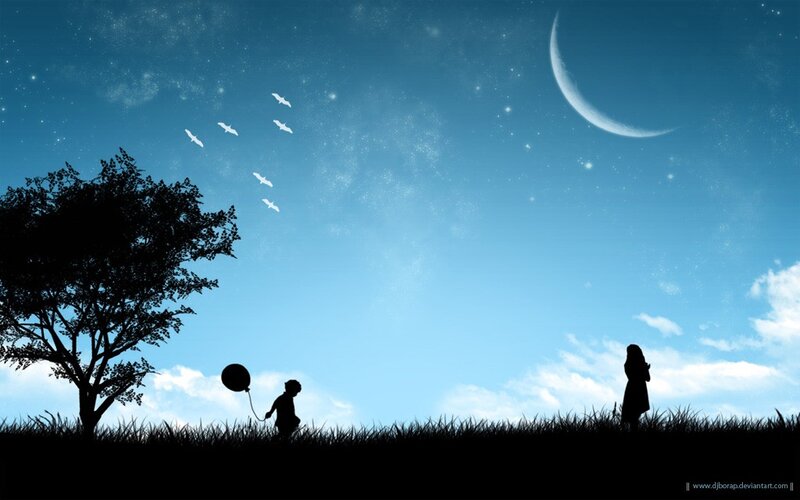 Silhouettes under a crescent moon