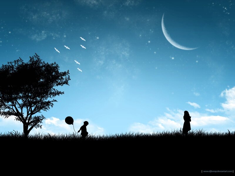 Silhouettes under a crescent moon