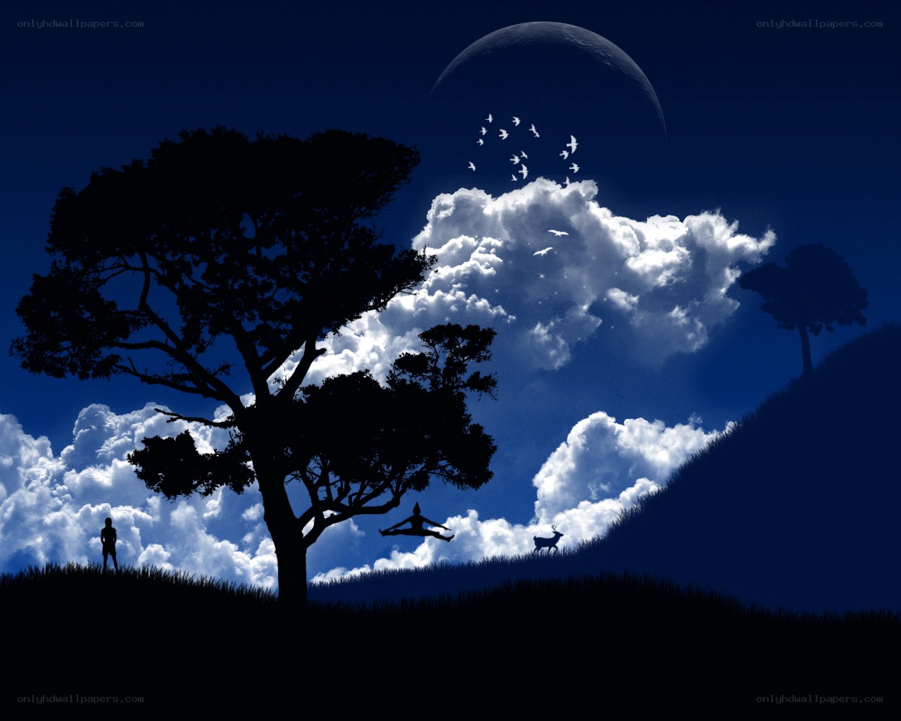 Silhouettes under a crescent moon