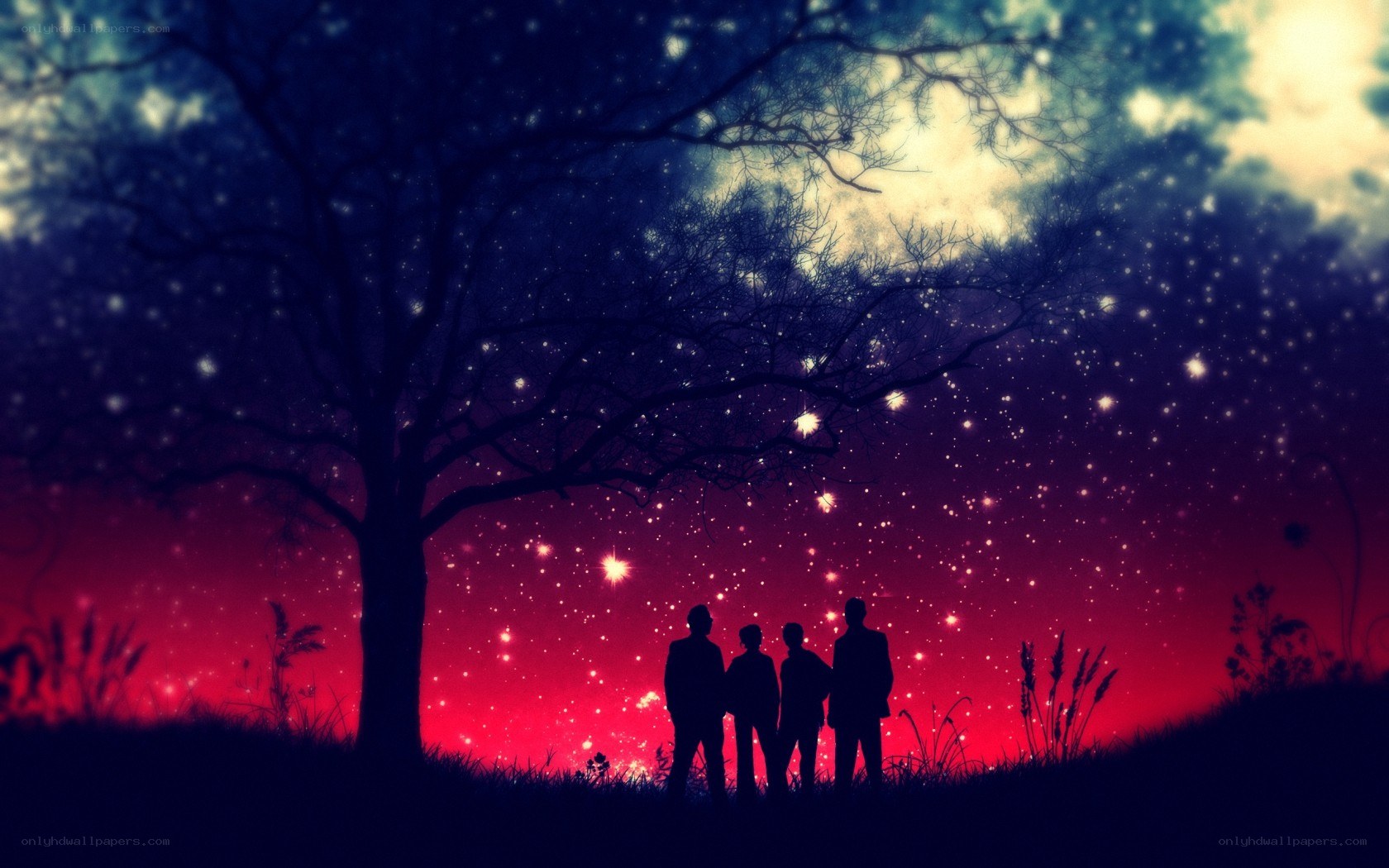 silhouettes under a starry sky
