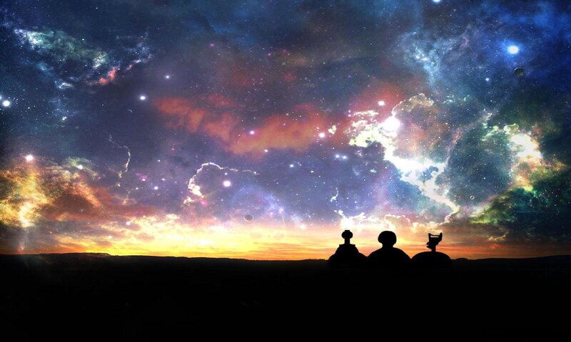 Silhouettes under a starry sky