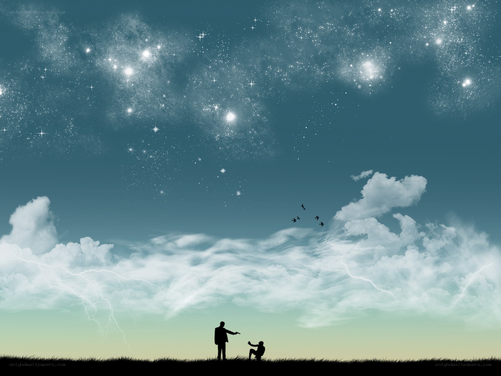 Silhouettes under a starry sky