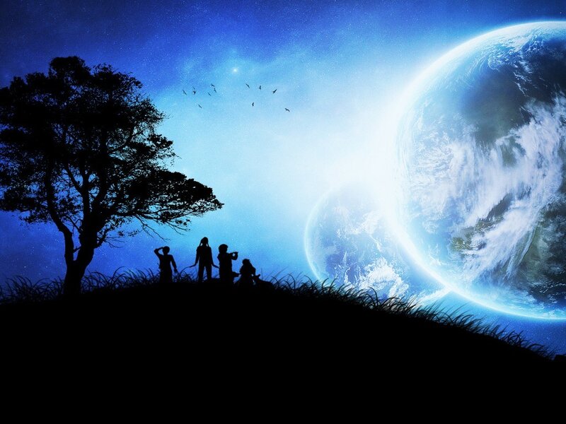 Silhouettes under alien sky