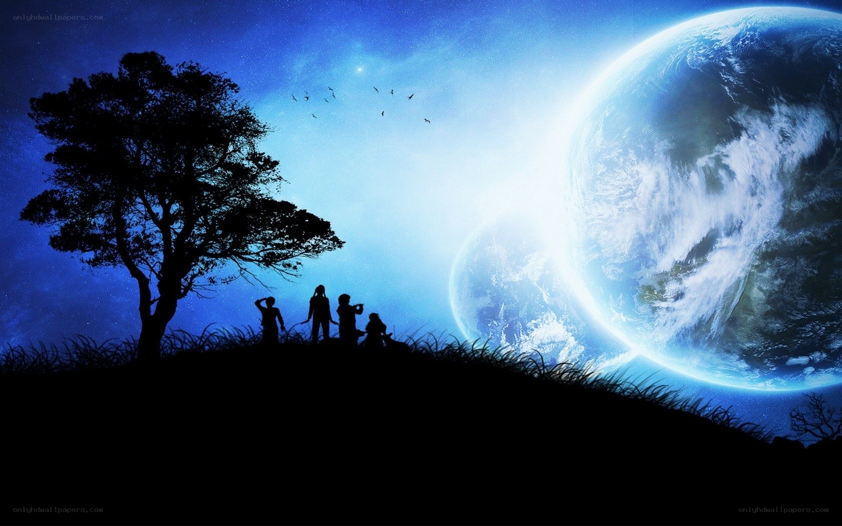 Silhouettes under alien sky