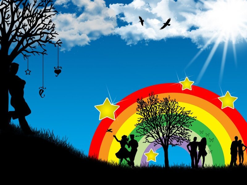 Silhouettes under Rainbow — Blue, Dreamy, Afternoon, Digital Art, Stars