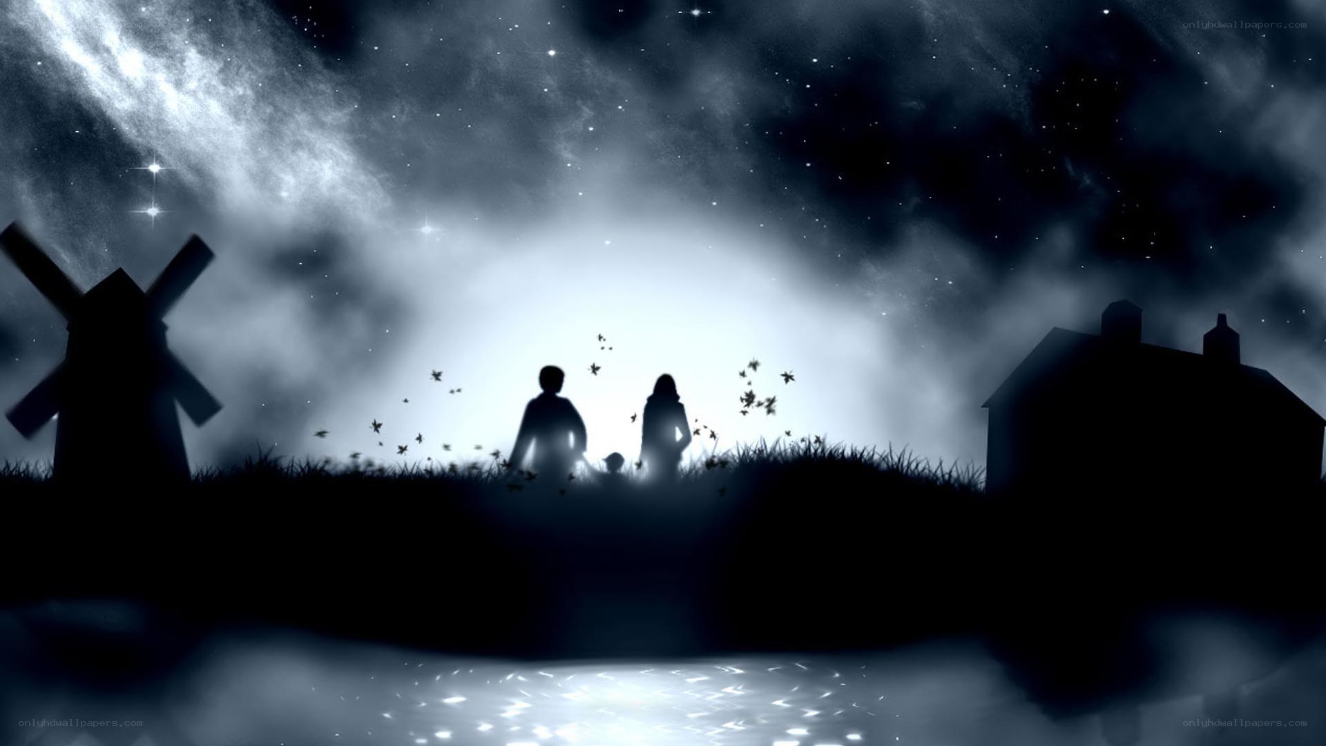 Silhouettes under starry sky