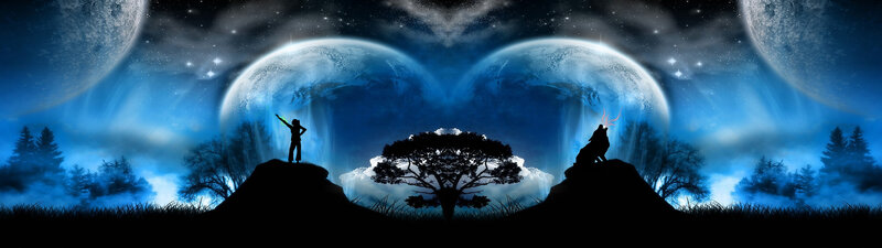 Silhouettes under twin moons