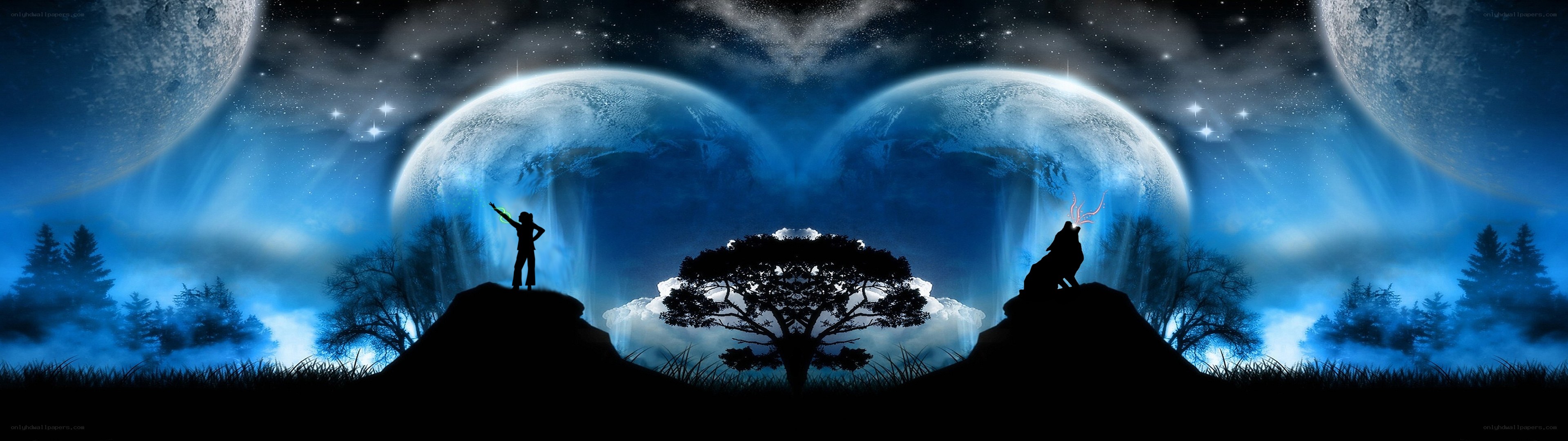 Silhouettes under twin moons