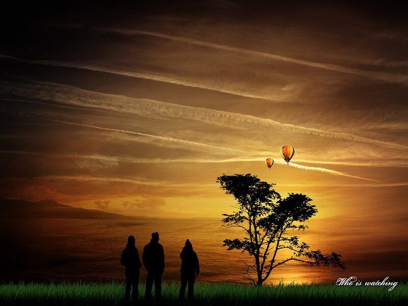 Silhouettes watching hot air balloons