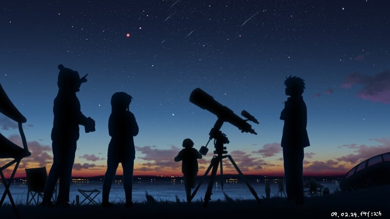 Silhouettes Watching Meteor Shower — Blue, Serene