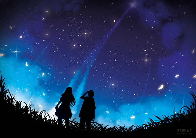 Silhouettes Watching Meteor Shower — Blue