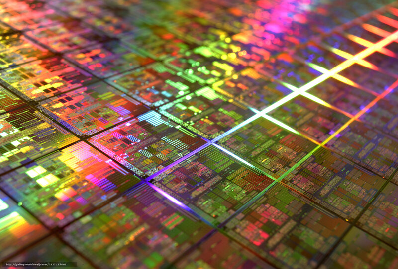 Silicon Wafer with Chips — Green, Technological, Photograph, Light Reflections