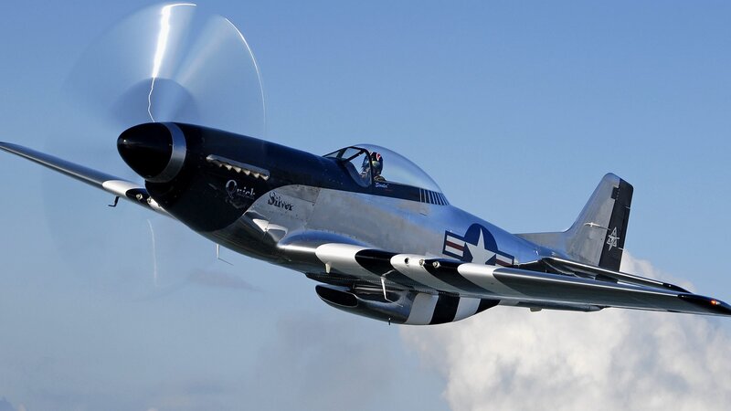 Silver Airplane in Flight — Blue, Dynamic, Afternoon, Photograph