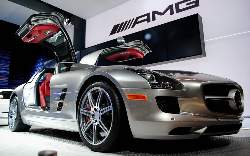 Silver AMG sports car on display