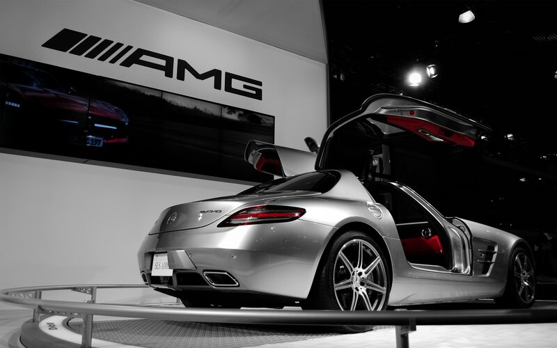 Silver AMG sports car on display