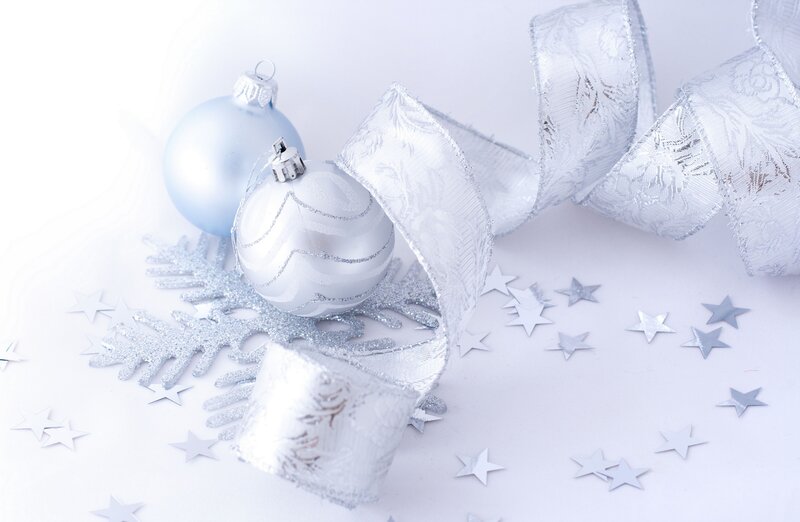 Silver and Blue Ornaments — White, Festive