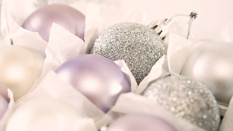silver and purple ornaments