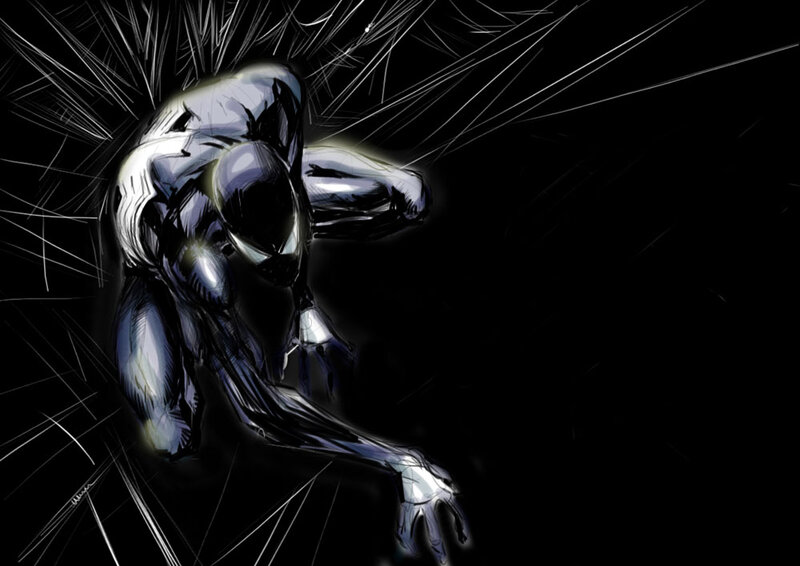 silver armored figure in dark