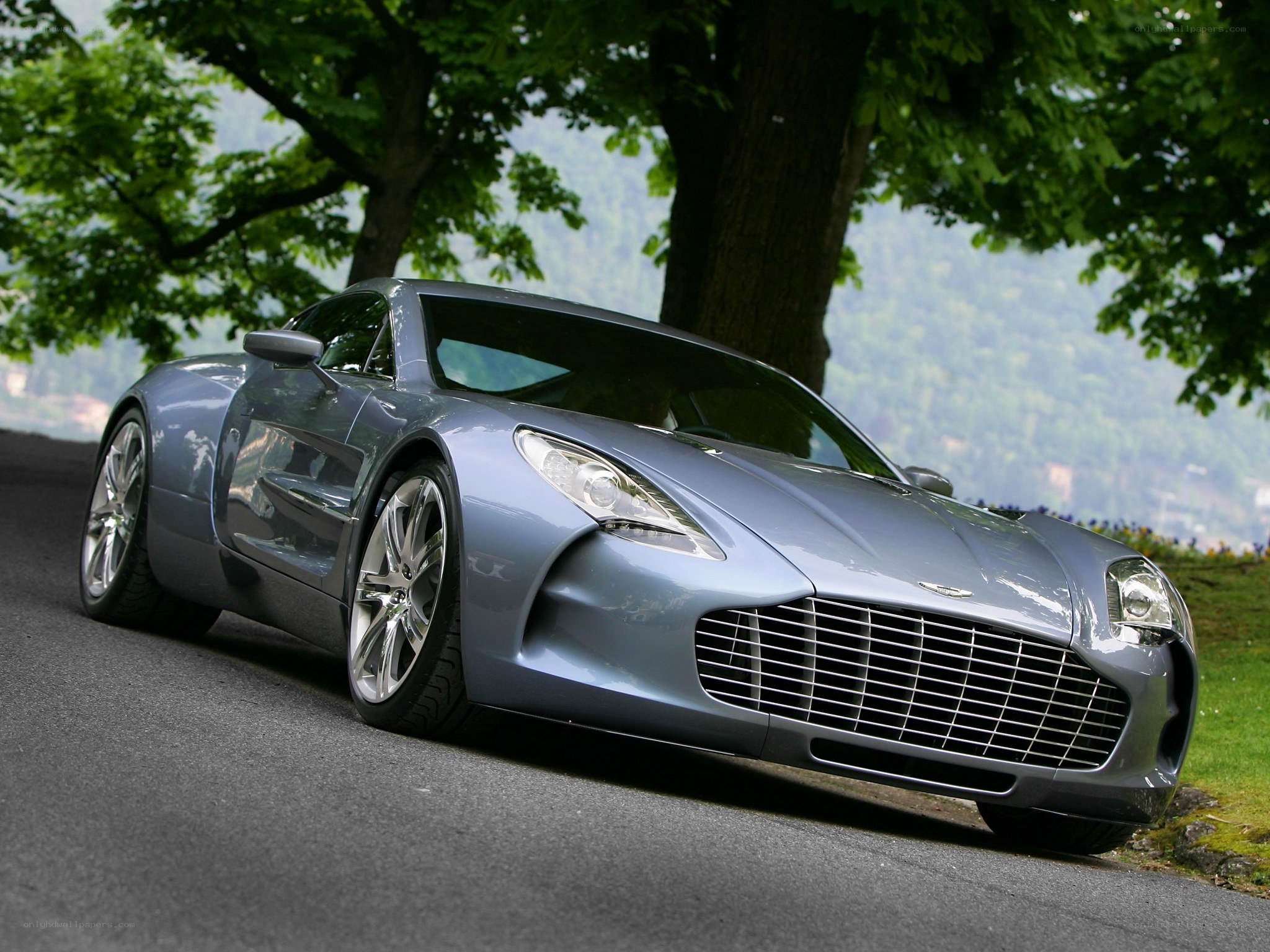 Silver Aston Martin on a tree-lined road