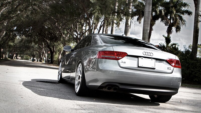 silver audi a5 on tree-lined street