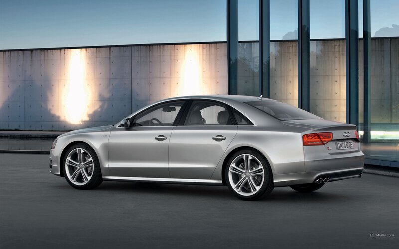 Silver Audi A8 Sedan — Modern, Sunset, Photograph, Car, Building, Concrete Wall