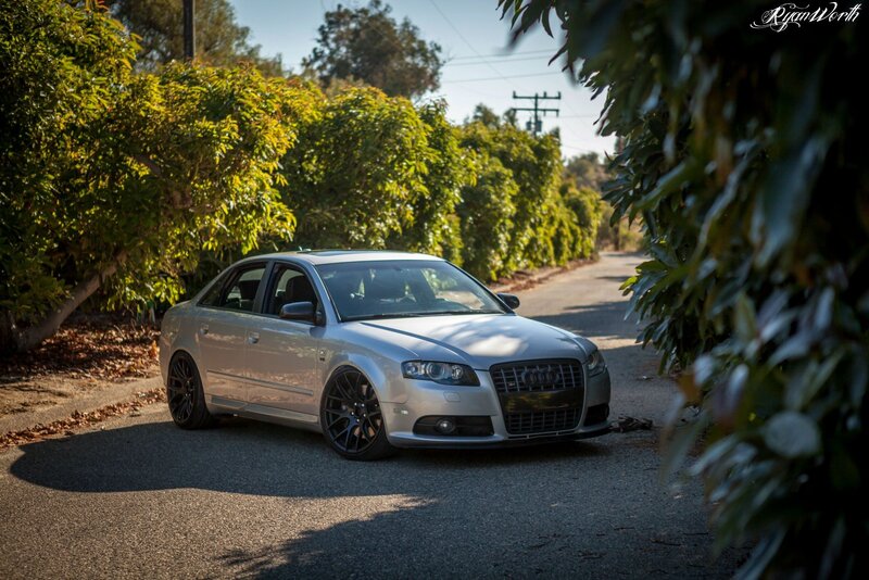 silver audi on a tree-lined road