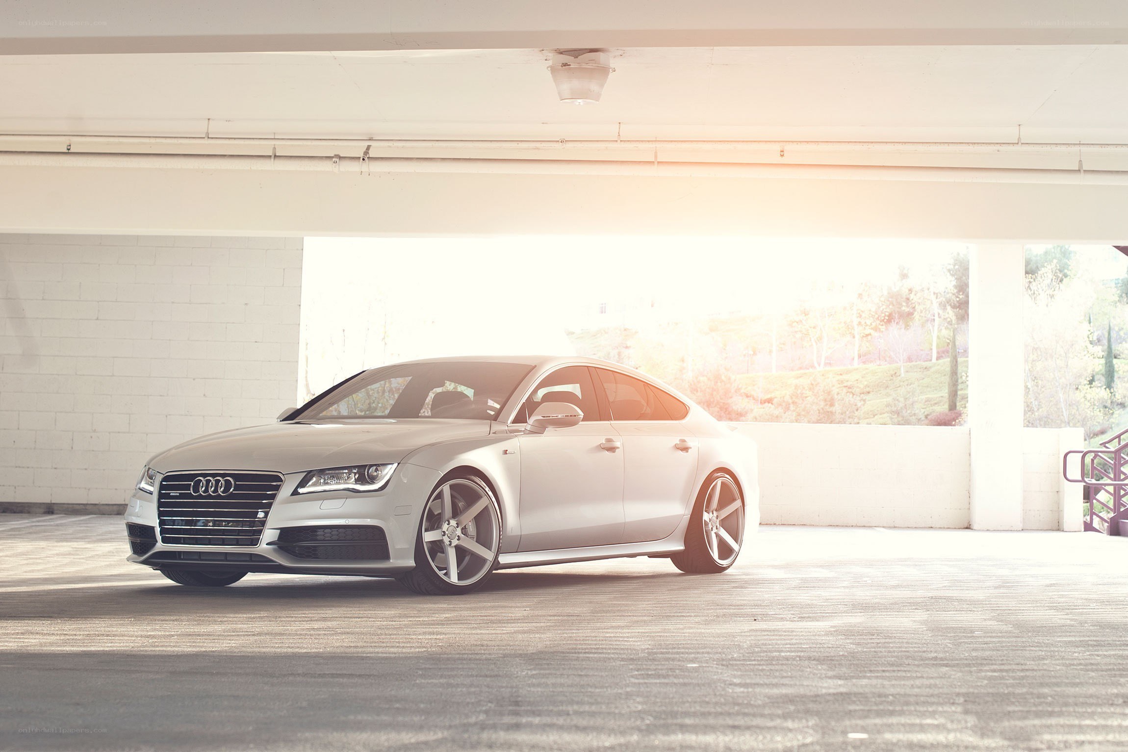 Silver Audi parked in garage