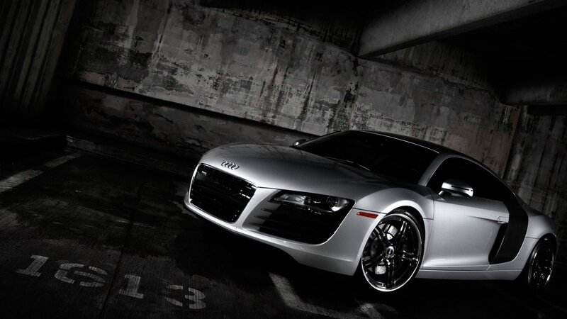Silver Audi R8 in a garage