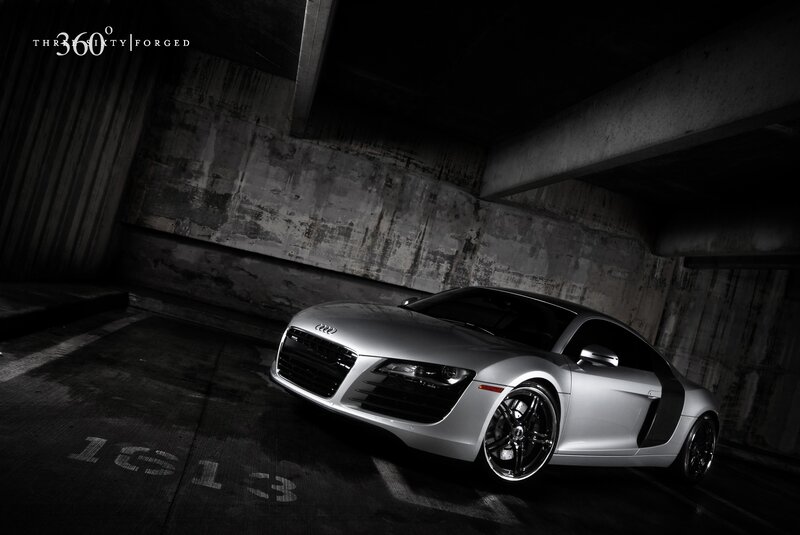 Silver Audi R8 in a parking garage