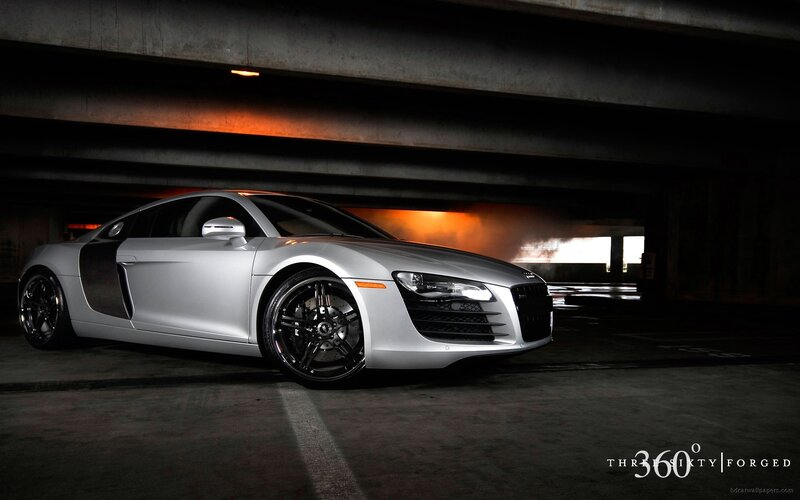 silver audi r8 in parking garage