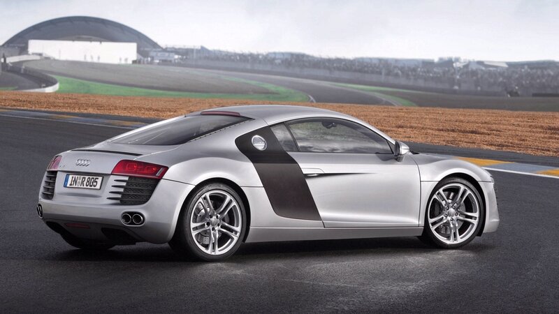 Silver Audi R8 on a racetrack
